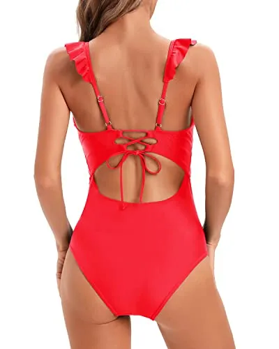 One Piece Swimsuit for Women Ruffled V Neck Tummy Control Bathing Suit