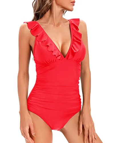 One Piece Swimsuit for Women Ruffled V Neck Tummy Control Bathing Suit