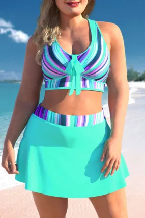 Plus Size Cyan Striped Ombre Cross Strap Bikini Set