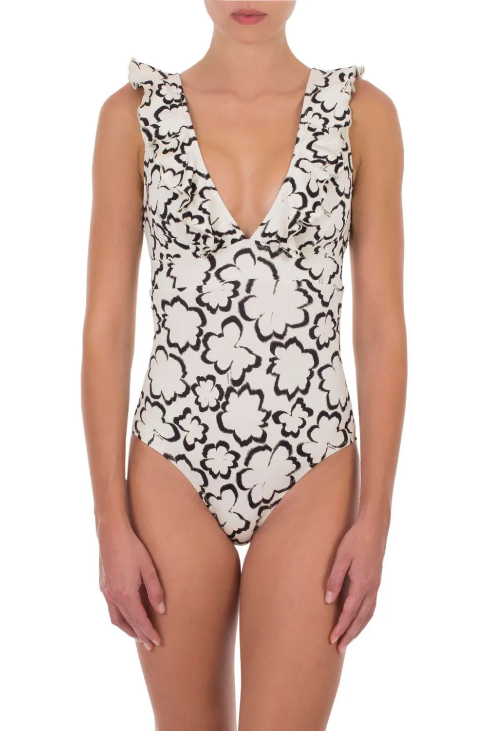 Rania Ruffled One-piece White/Black Floral