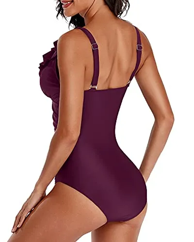 Ruffle V Neck One Piece Swimsuit For Women-Maroon