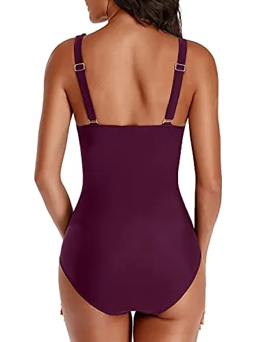 Ruffle V Neck One Piece Swimsuit For Women-Maroon