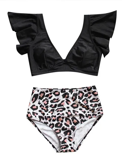 Ruffled Leopard Print High Waist Backless Bikini