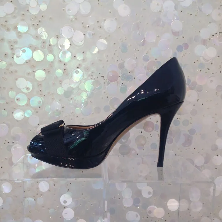 SALVATORE FERRAGAMO Patent Leather Peep Toe HIgh Heel Pumps