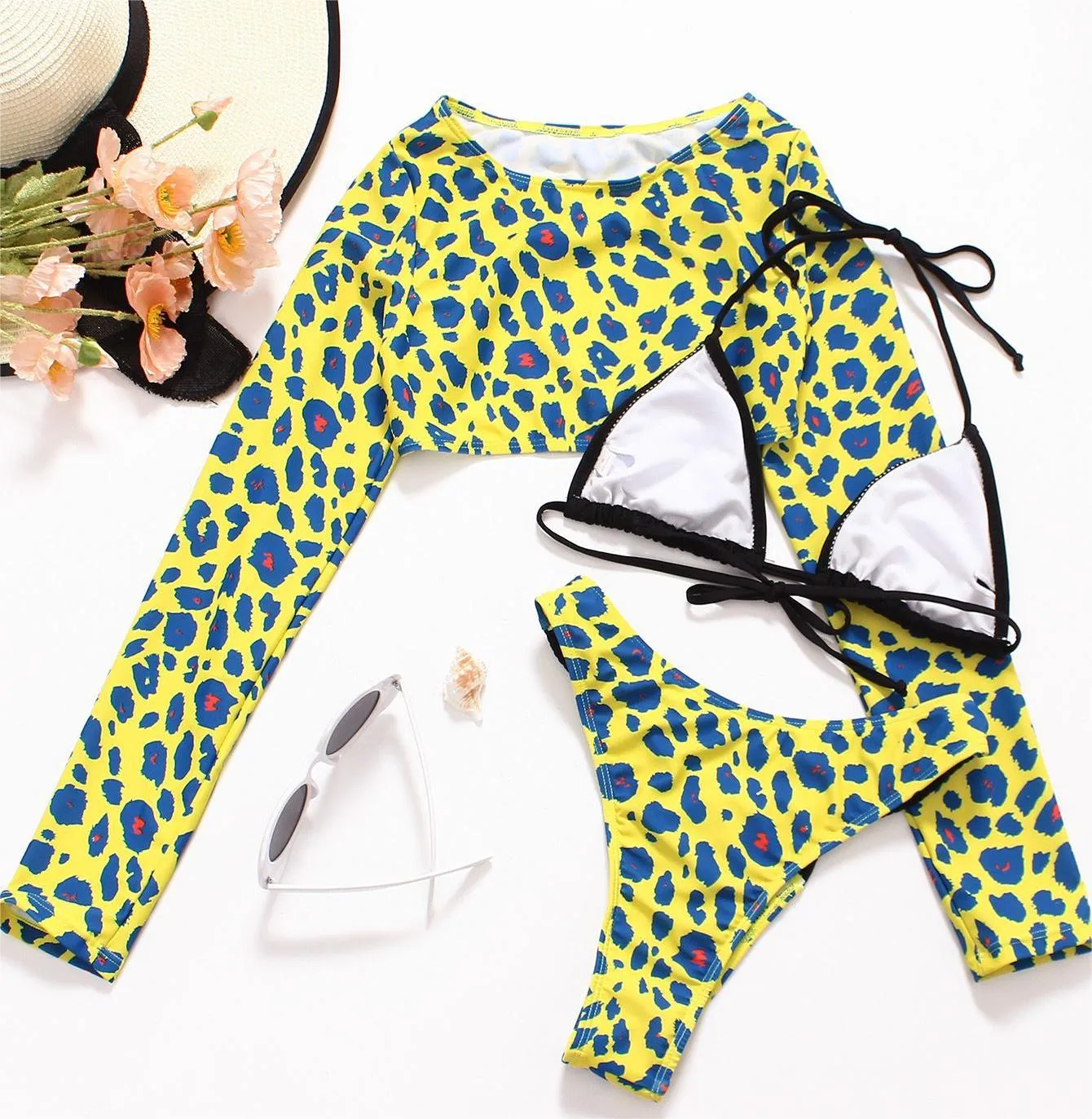 Sexy Bikini Braid Rope Leopard Print Long Sleeve Sun Protection Shirt Triangle Bag Three Piece Swimsuit