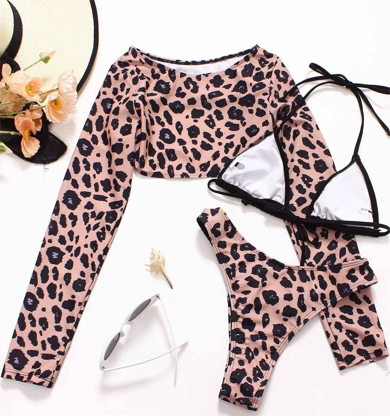 Sexy Bikini Braid Rope Leopard Print Long Sleeve Sun Protection Shirt Triangle Bag Three Piece Swimsuit