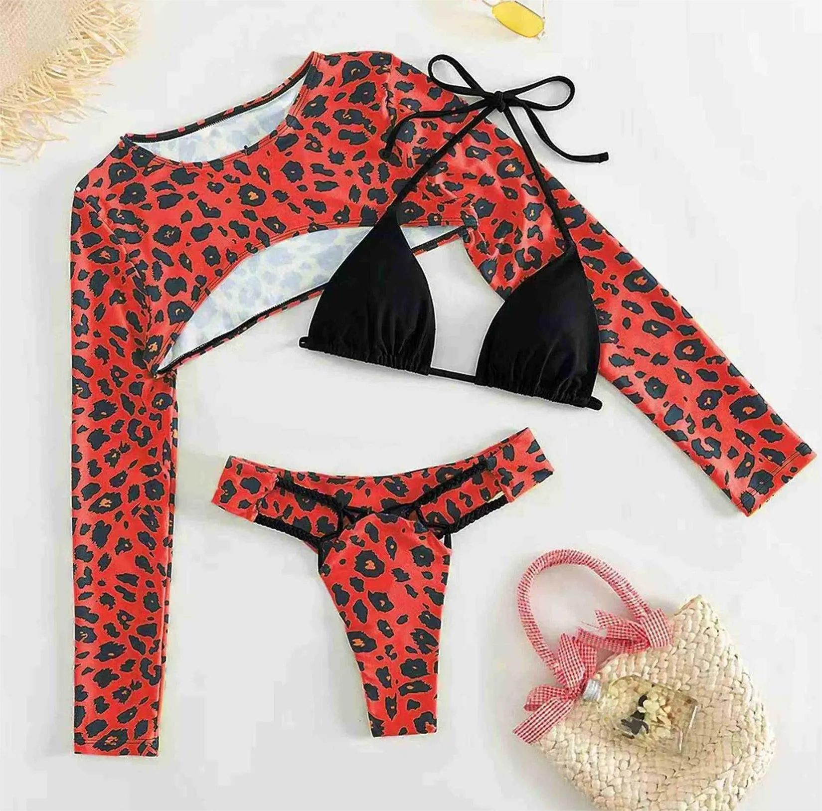 Sexy Bikini Braid Rope Leopard Print Long Sleeve Sun Protection Shirt Triangle Bag Three Piece Swimsuit