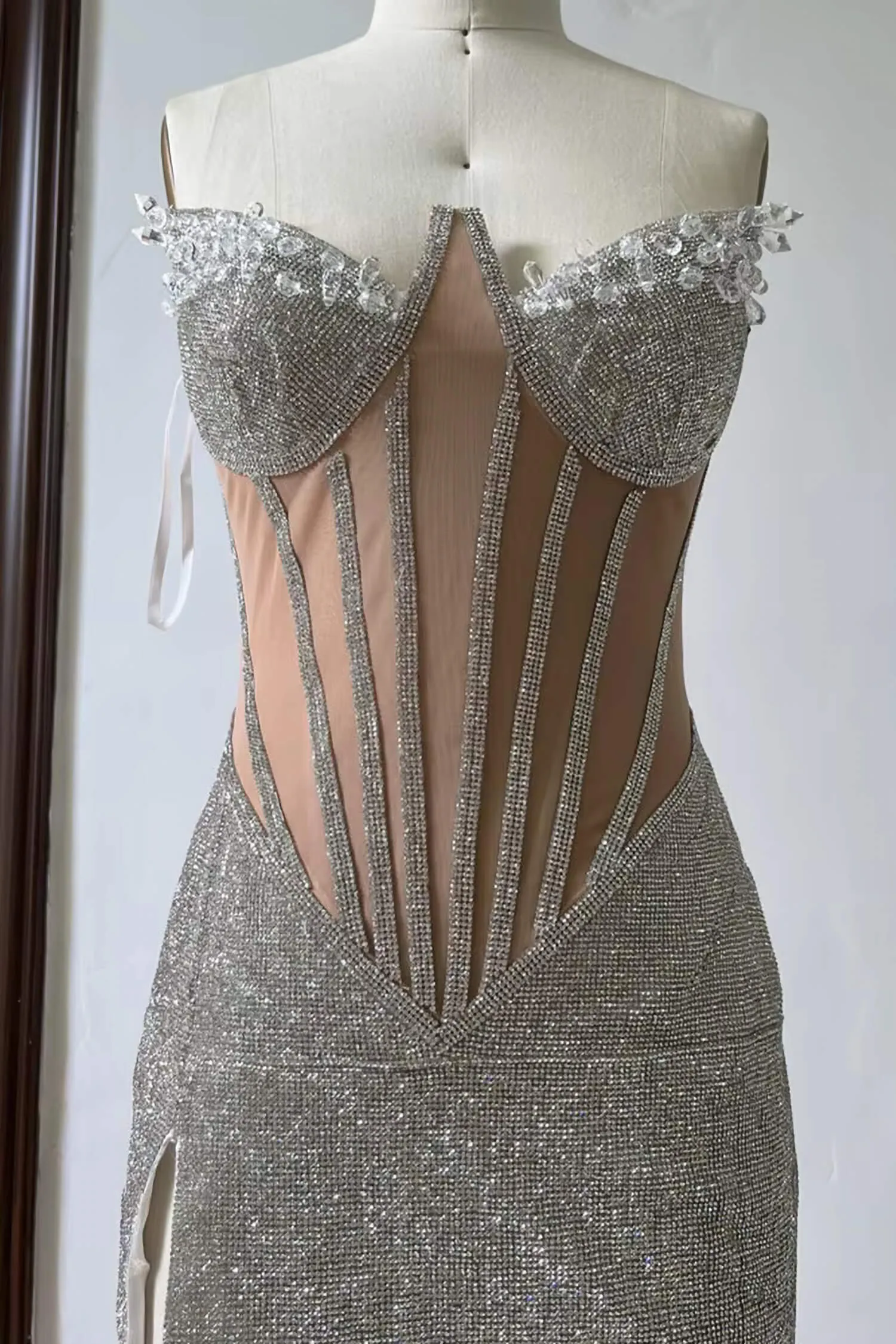 Silver Rhinestone Corset Mini Dress