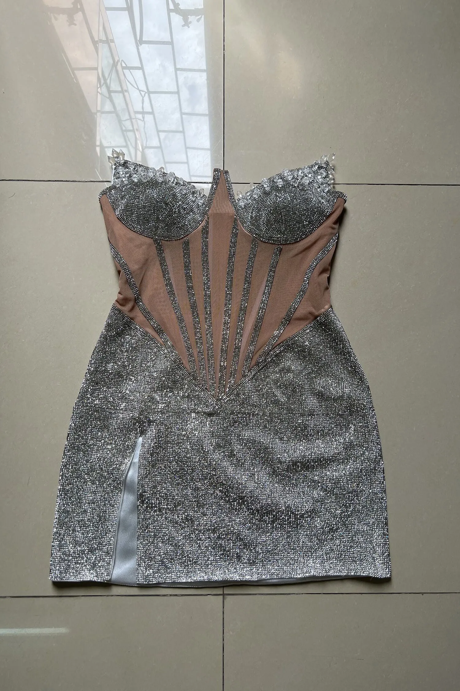 Silver Rhinestone Corset Mini Dress