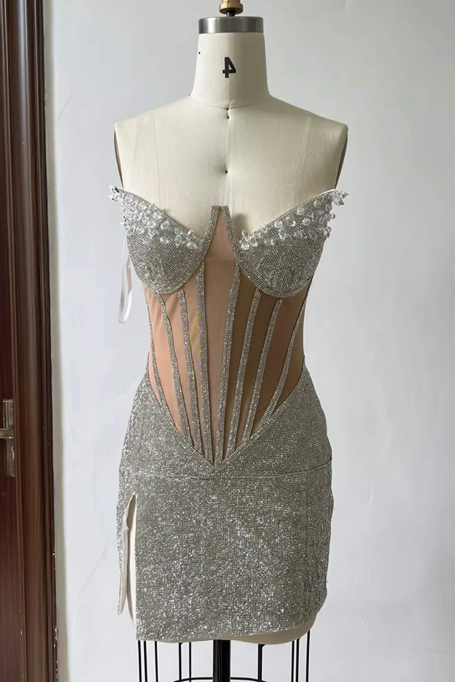 Silver Rhinestone Corset Mini Dress