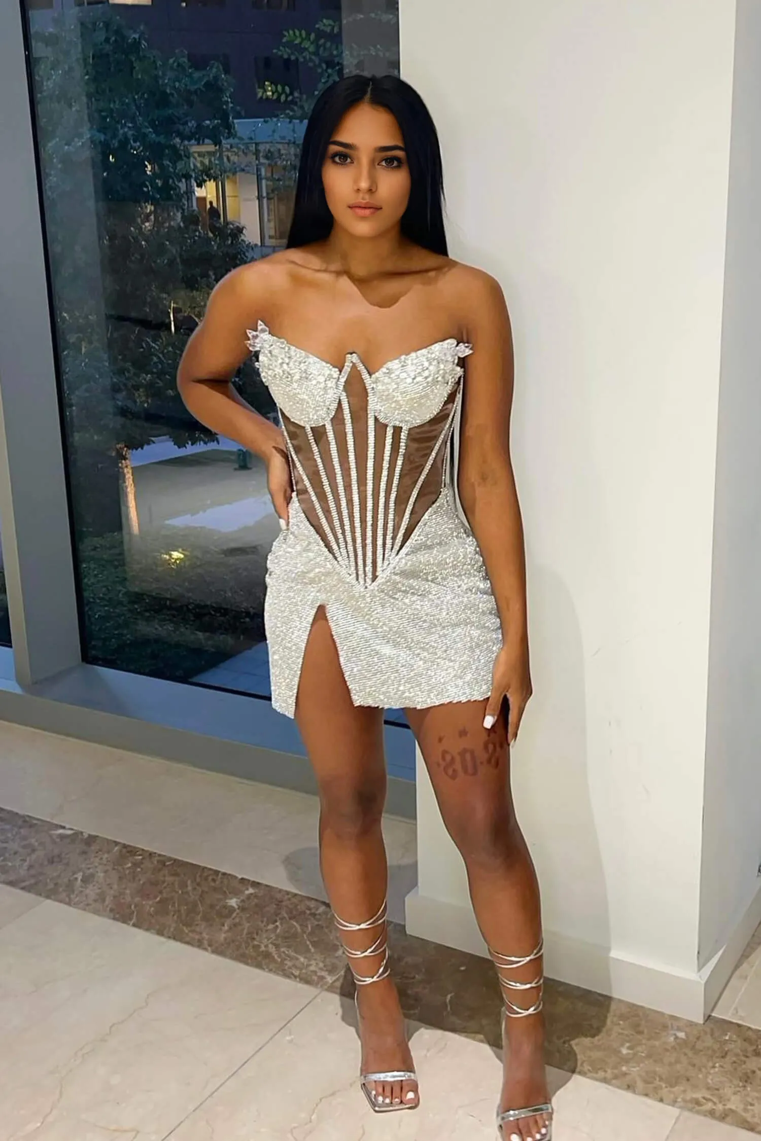 Silver Rhinestone Corset Mini Dress