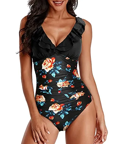 Slimming Ruffled One Piece Bathing Suit-Black Floral