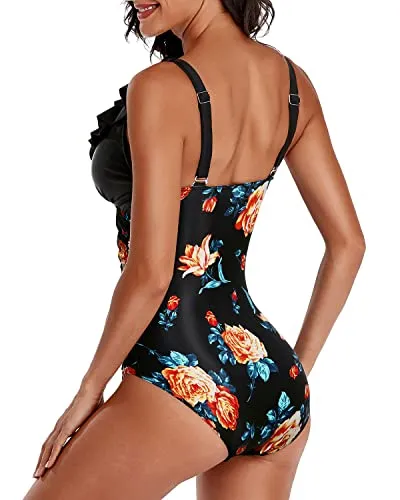 Slimming Ruffled One Piece Bathing Suit-Black Floral