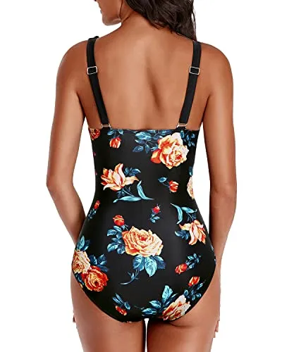 Slimming Ruffled One Piece Bathing Suit-Black Floral