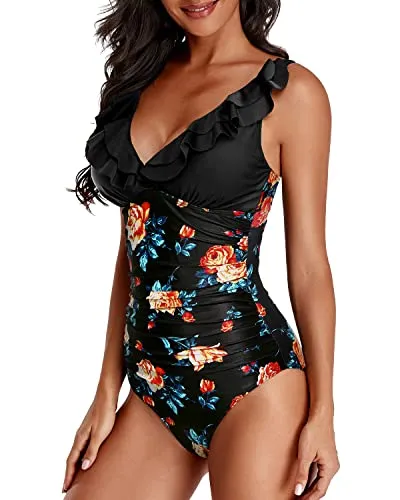 Slimming Ruffled One Piece Bathing Suit-Black Floral