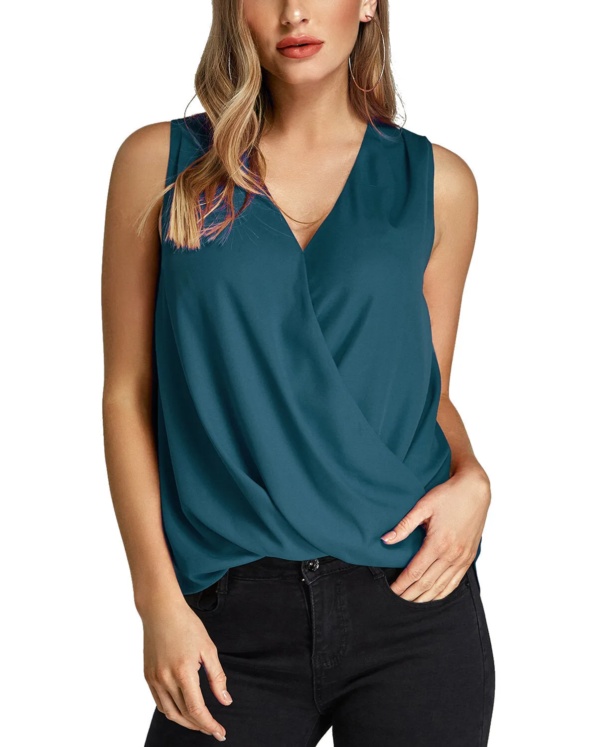 Solid Color V-neck Pleated Irregular Hem Tank Tops