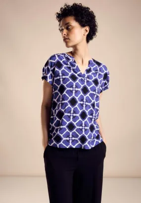 Street One split neck blouse in Royal Blue graphic print 344806