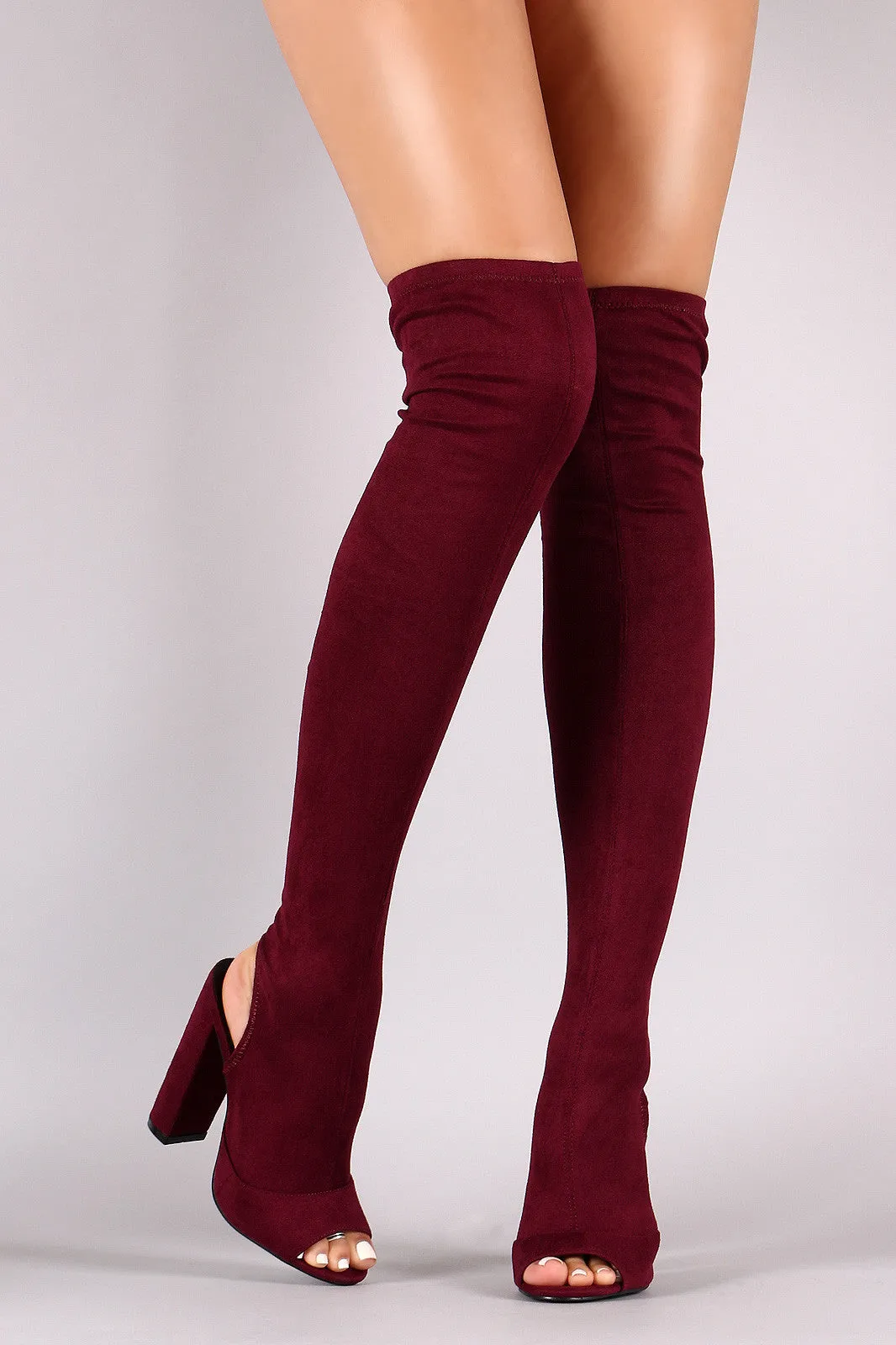 Suede Fitted OTK Cutaway Heel Peep Toe Boots