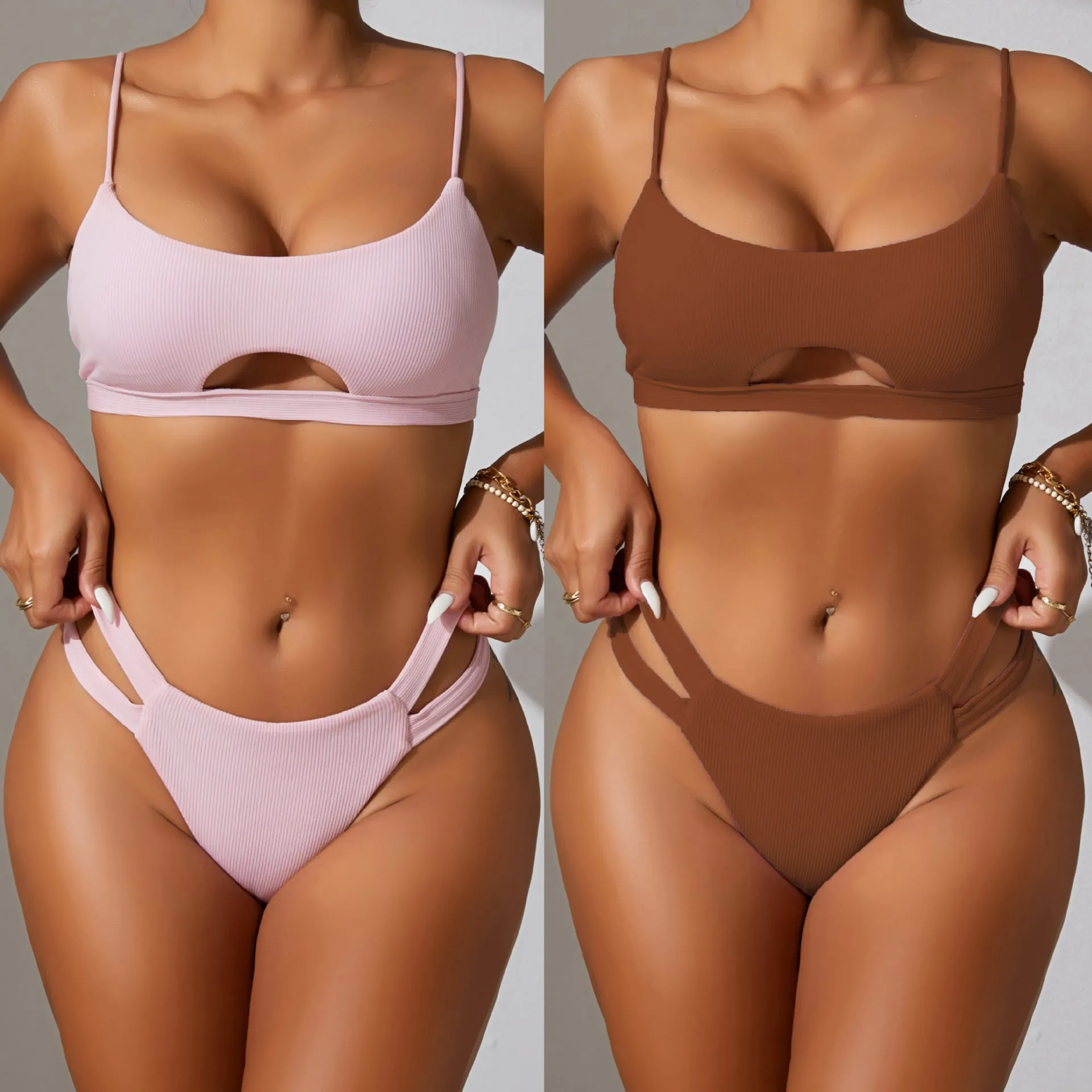 Sunken Stripe Solid Color Sexy Cutout Bikini Two Piece Swimsuit Bikini Swimsuit