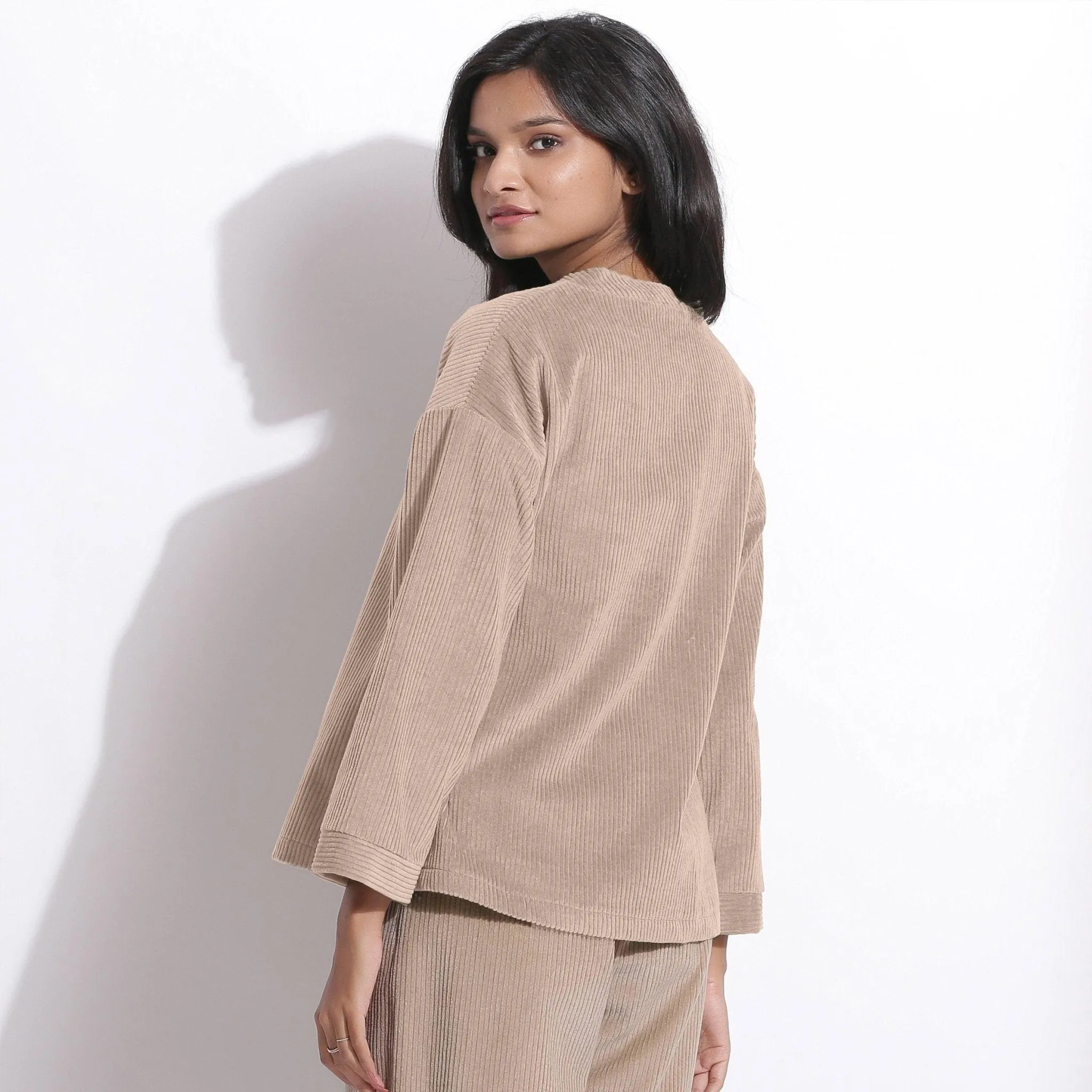 Taupe Beige Warm Cotton Corduroy V-Neck Top