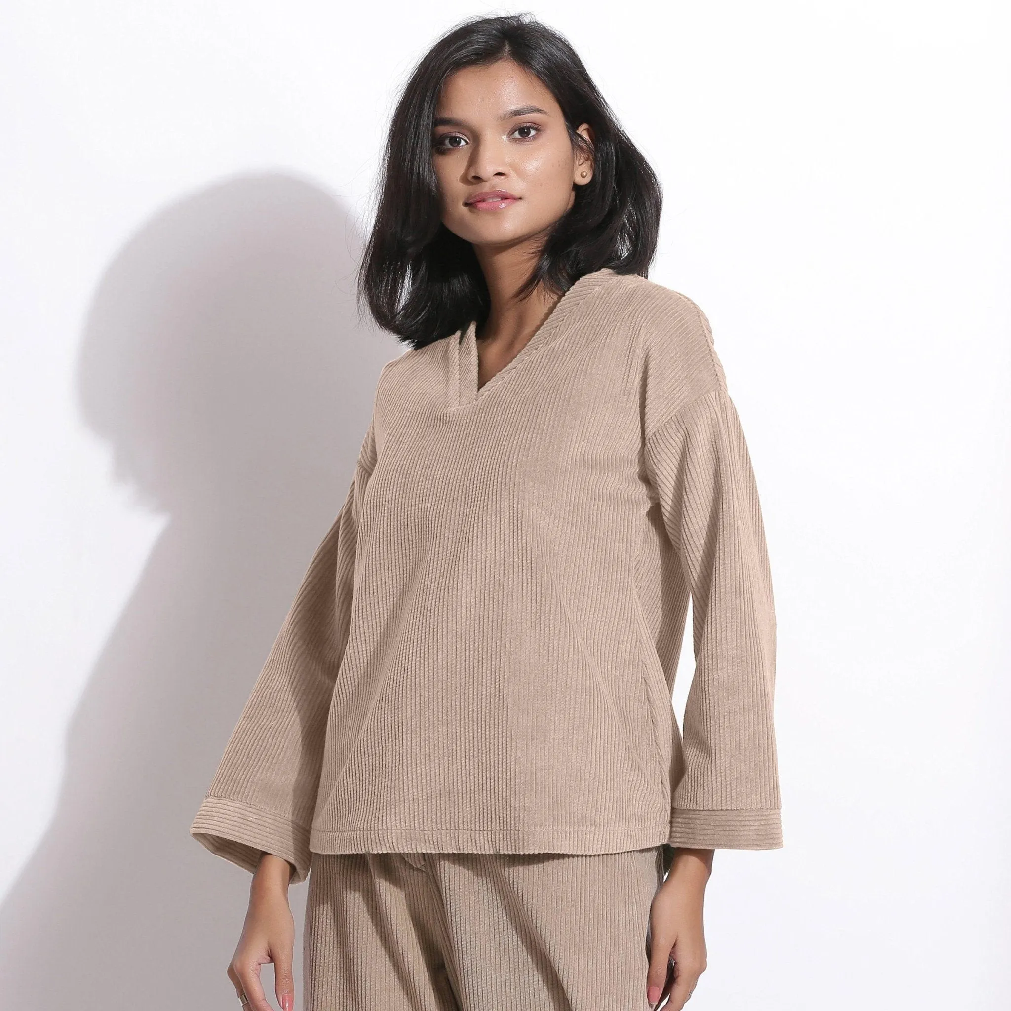 Taupe Beige Warm Cotton Corduroy V-Neck Top