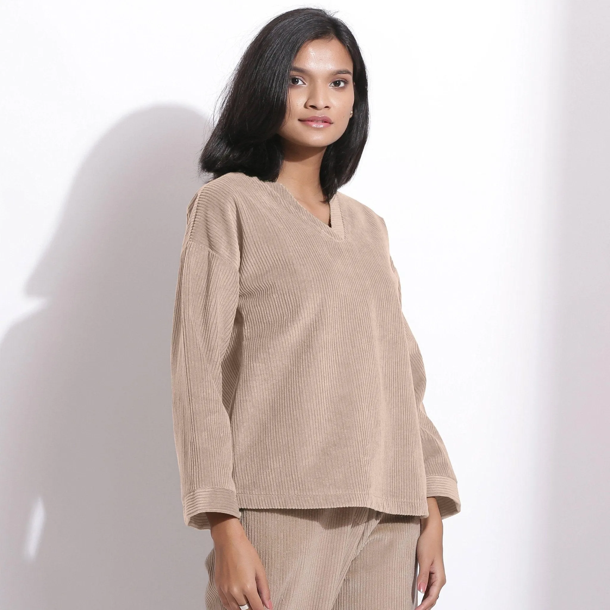 Taupe Beige Warm Cotton Corduroy V-Neck Top