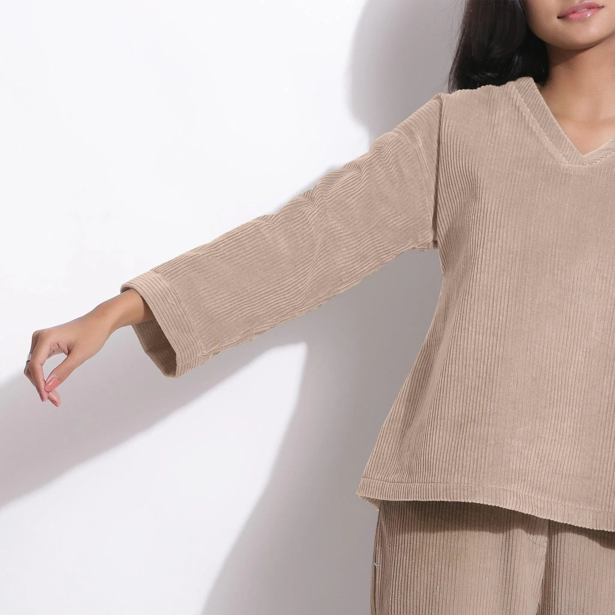 Taupe Beige Warm Cotton Corduroy V-Neck Top