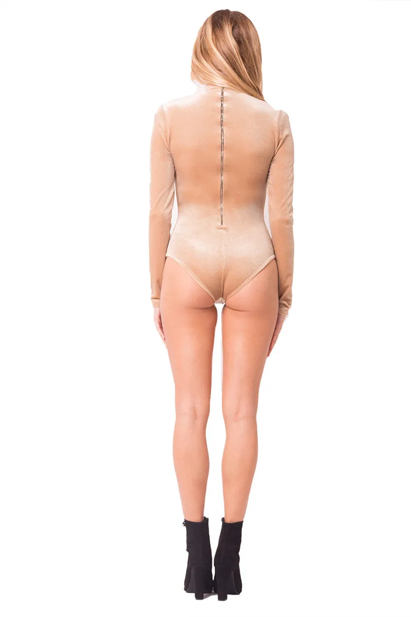 THE MYSTYLEMODE CHAMPAGNE VELVET MOCK NECK BACK ZIPPER DOUBLE LINED ESSENTIAL BODYSUIT