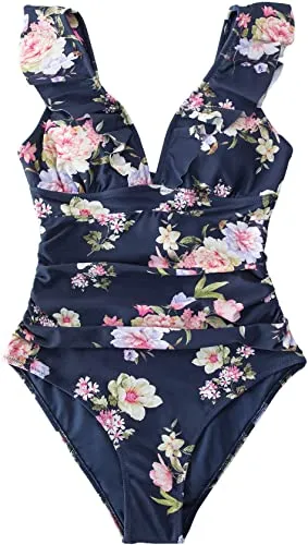 Upopby V-neck Ruffled Strappy Backless One-piece Swimsuit