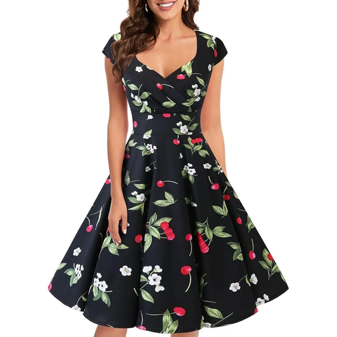 Women A Line Rockabilly Dress Cap Sleeve