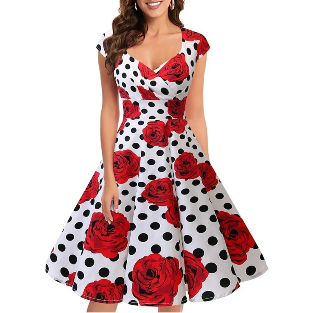 Women A Line Rockabilly Dress Cap Sleeve