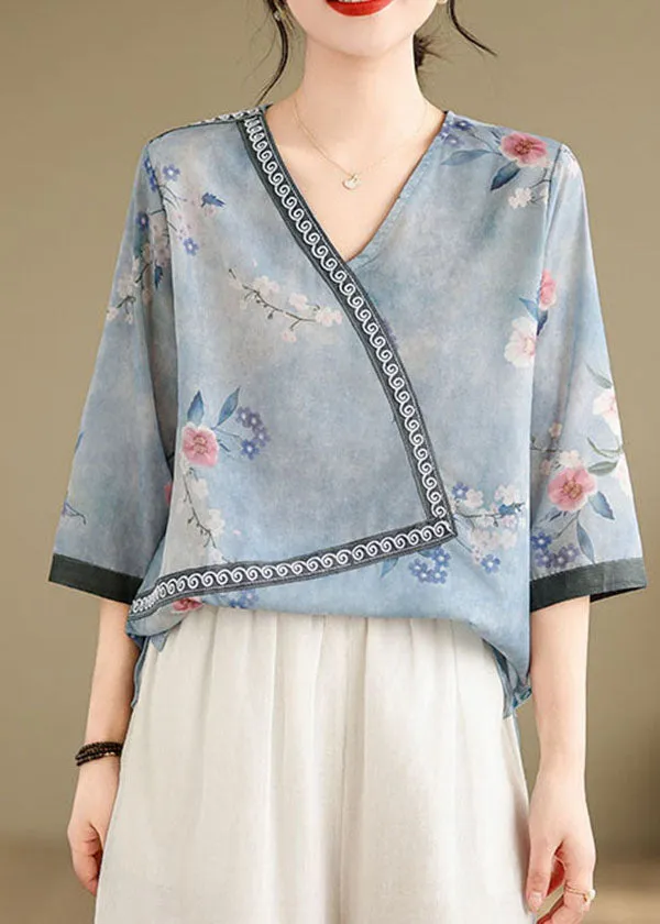 Women Blue V Neck Print Patchwork Cotton Tops Summer AP091