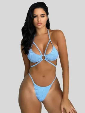 Women Seperated Swimwear Solid Color Lace up Halter Ring Sexy Swimsuit Bikini