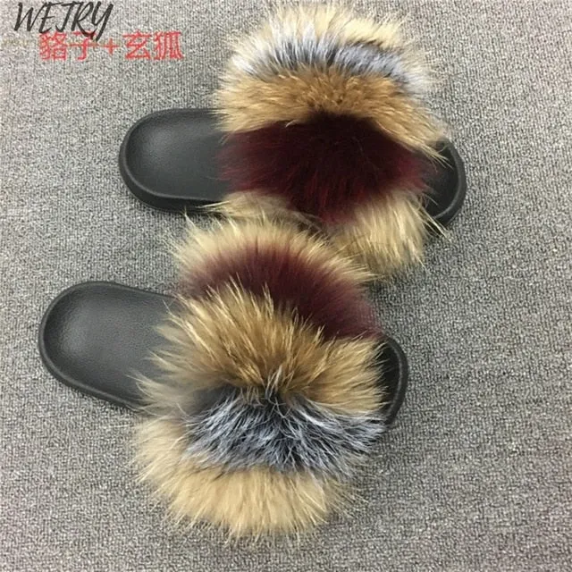 Women's  mixcolor Fur Slippers Fox Fur Sandals