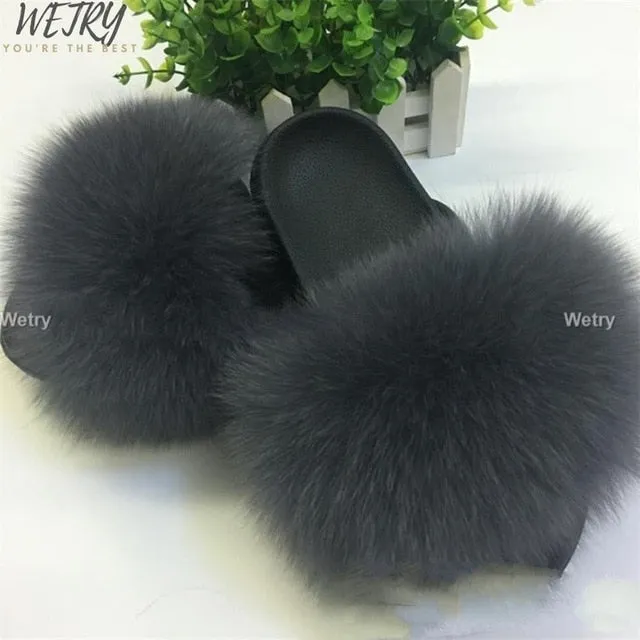 Women's  mixcolor Fur Slippers Fox Fur Sandals