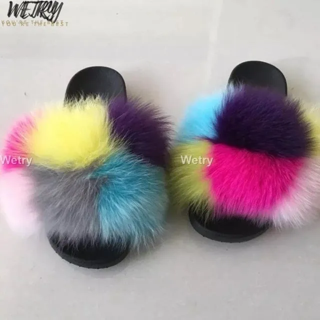 Women's  mixcolor Fur Slippers Fox Fur Sandals