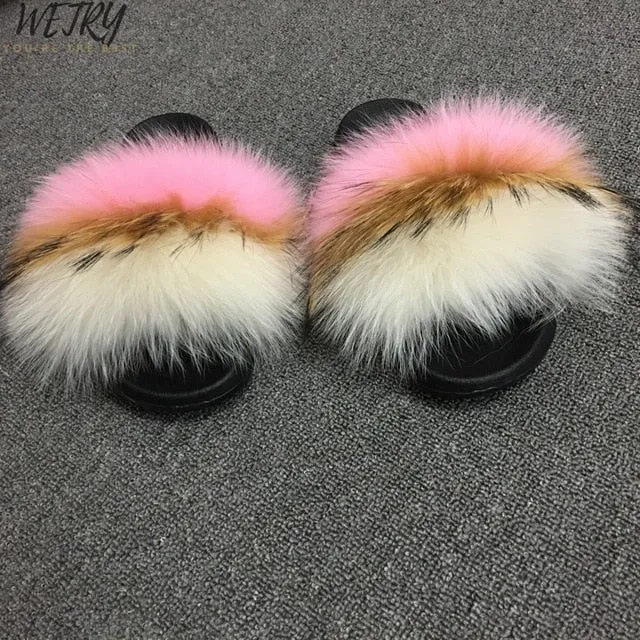 Women's  mixcolor Fur Slippers Fox Fur Sandals