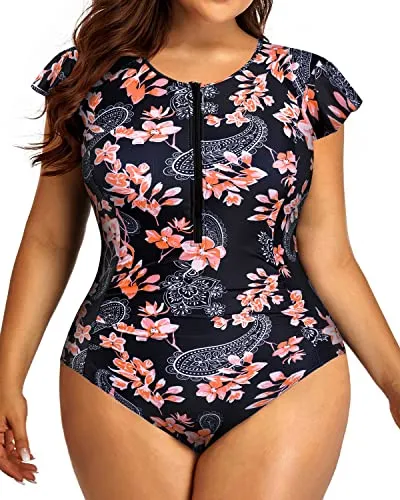 Zipper Front Plus Size One Piece Swimsuit For Women Tummy Control-Black Pink Flowers