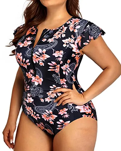 Zipper Front Plus Size One Piece Swimsuit For Women Tummy Control-Black Pink Flowers