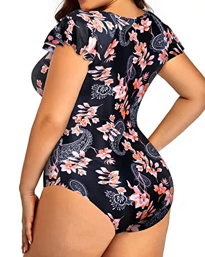 Zipper Front Plus Size One Piece Swimsuit For Women Tummy Control-Black Pink Flowers